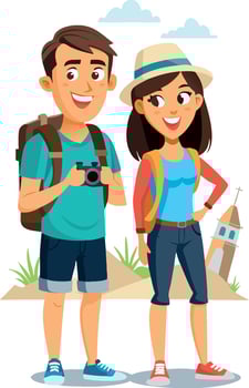Young tourist couple walking and taking pictures during vacation vector