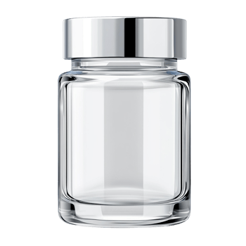 Clear glass jar with a silver lid, perfect for storing spices, condiments, or decorative items in any kitchen or pantry. png