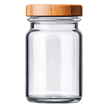 Clear glass jar with wooden lid, perfect for storage or decoration in kitchens and living spaces. png