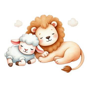 A cute illustration of a lion and a sheep peacefully sleeping together, symbolizing friendship png