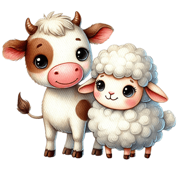 Adorable cartoon cow and sheep characters, perfect for children's illustrations png