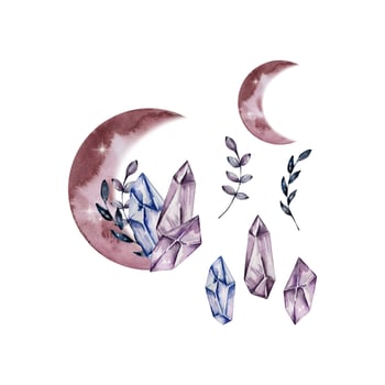 Watercolor moons with crystal and floral vector