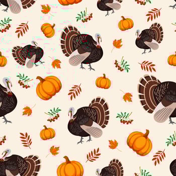 Turkey bird, pumpkin, leaves and berries seamless pattern for Thanksgiving holiday. Cartoon background for wallpaper, packaging, wrapping and background. vector