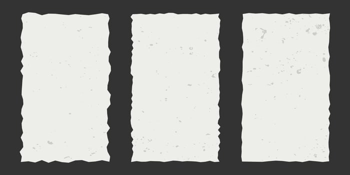 Set of vertical vintage torn rectangular sheets of aged paper with jagged edges. Torn elements with gritty texture. Empty space for text, banner template. vector