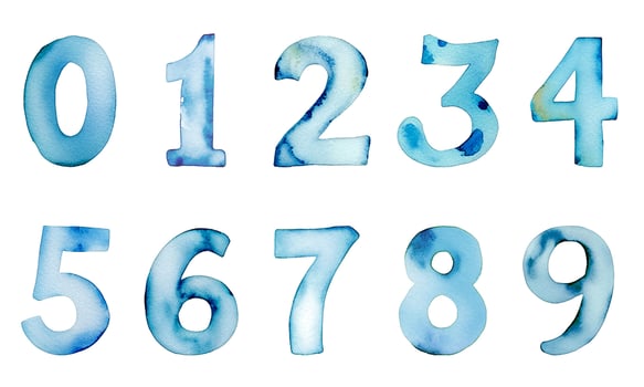 Set of colorful watercolor numbers. Handwriting blue numbers 0-9. Hand painted watercolor numbers. vector
