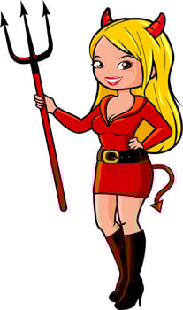 Woman in Halloween devil costume with horns and trident. Funny cartoon trick or treat young woman with red monster costume for Halloween party. vector