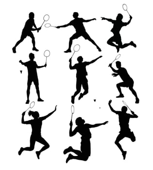 Badminton players silhouette set illustration. collection men playing badminton for background design. vector