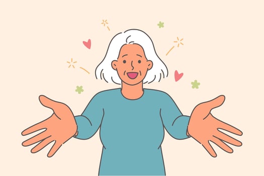 Older woman shows kindness and wants to hug or kiss you, extending arms towards screen vector