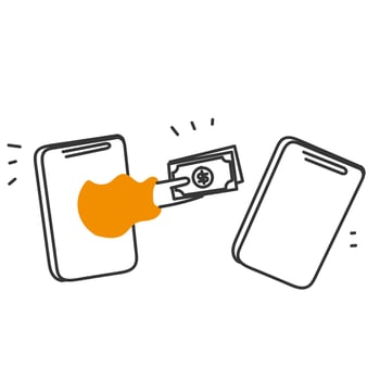 hand drawn doodle send and receive money payment from mobile phone to mobile phone vector