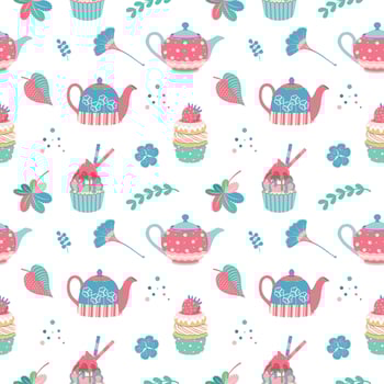 Seamless pattern with teapots, flora and cupcakes. Tea time background. Perfect for kids apparel, greeting card design, fabric print, baby shower, wrapping paper design, baby prints, home textiles. vector