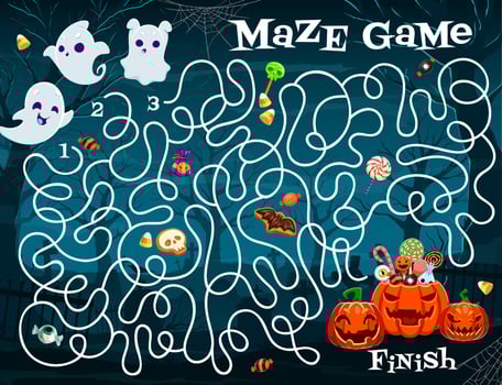 Halloween labyrinth maze, help to ghost find exit vector