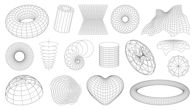 3d wireframe shapes, brutal perspective grid vector