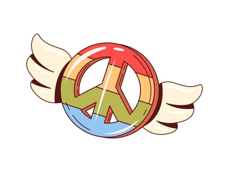 Retro groovy hippie rainbow peace sign with wings vector