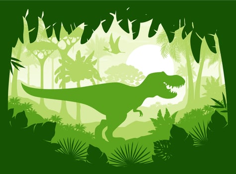 T Rex dinosaur silhouette, jungle tropical forest vector