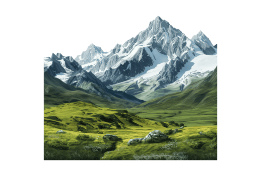 A painting of a mountain range with grass and trees png
