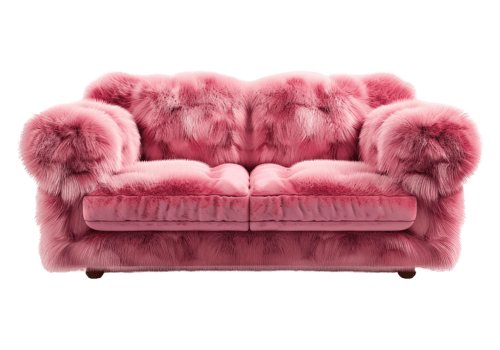 A pink fur couch with a wooden base png