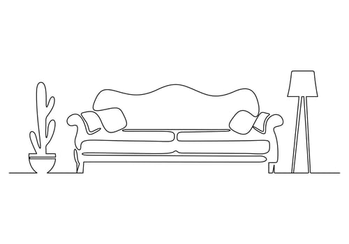 Digital illustration of continuous one line drawing couch or sofa with lamp and potted plant modern furniture vector