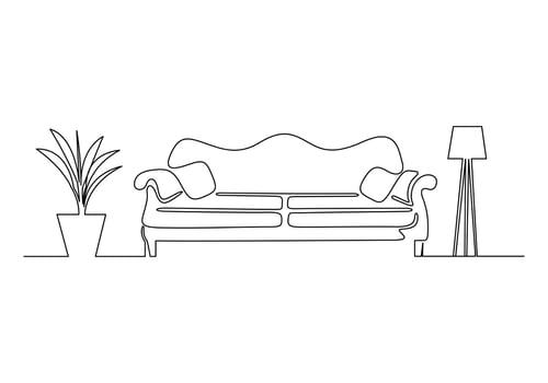 One line drawing of couch or sofa with lamp and potted plant modern furniture vector