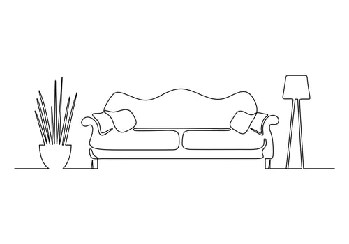 Premium illustration of one line drawing of couch or sofa with lamp and potted plant modern furniture vector