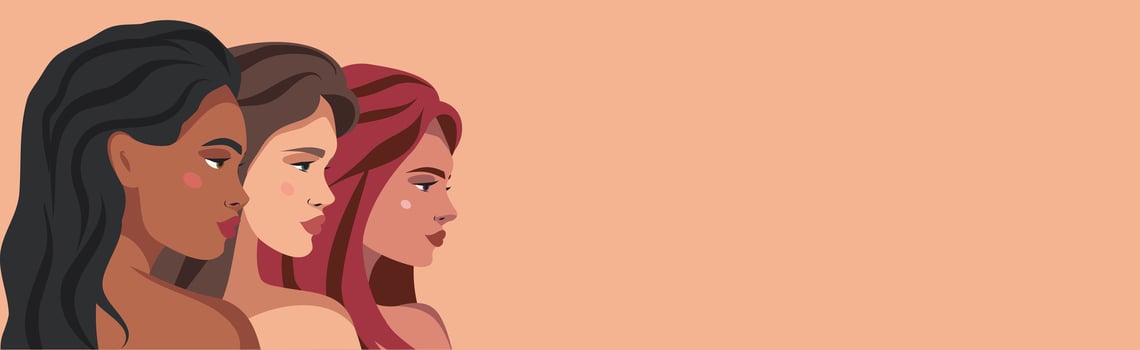Feminism concept, portrait of different women standing together, empowerment, women's freedom struggle concept, protest. Banner horizontal with International Women's Day with place for text vector