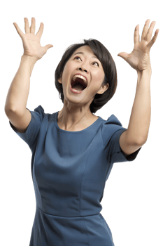 a beautiful japanese women throwing their hands up in the air, eyes rolling, and mouth open in an exasperated sigh, showing frustration, isolated on a transparent background png