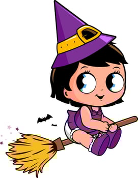 Cute Halloween witch girl flying with her magic broom. Funny cartoon trick or treat child with spooky witch costume for Halloween party. vector