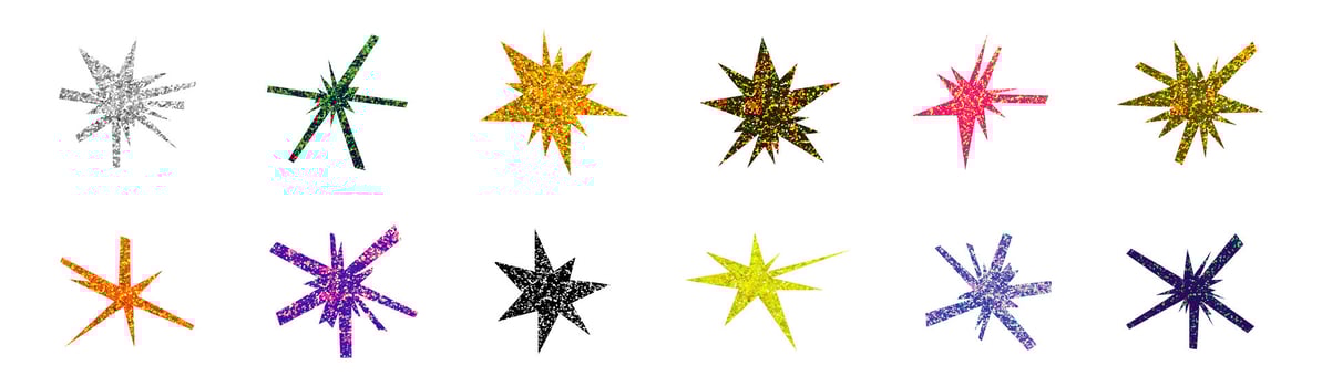 Glitter sparkle colorful textured irregular stars set illustration isolated on transparent background. Gold, silver, pink, purple, green, black shiny stickers for 2025 new year festive design vector