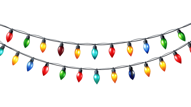 Christmas lights in multiple colors on black background, transparent png