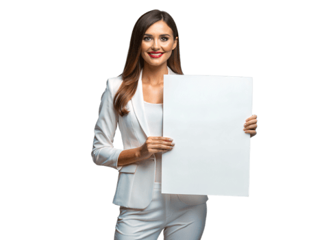 Smiling businesswoman holding blank sign in white suit, transparent png