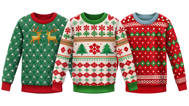 Festive christmas sweaters with holiday designs, transparent png