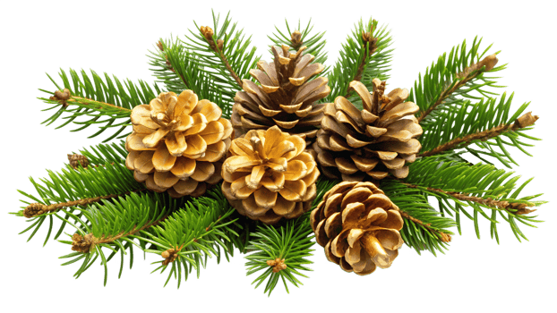 Christmas pine cone arrangement with green fir branches, transparent png