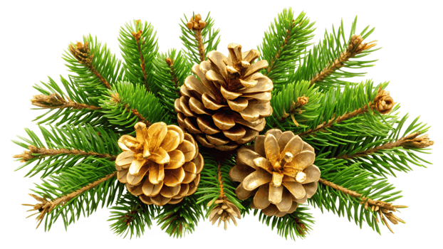 Holiday pine cone decoration with fir branches, transparent png