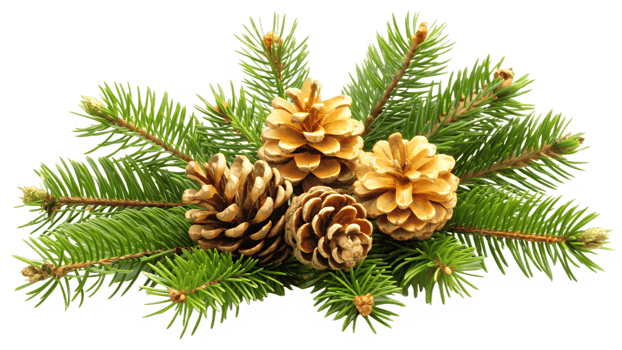Pine branches with golden pinecones holiday arrangement, transparent png
