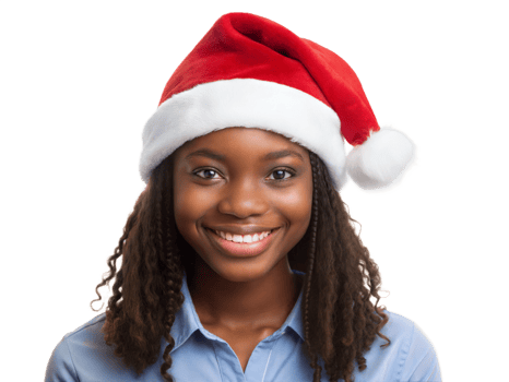 Happy woman with Christmas Santa hat on white, transparent png