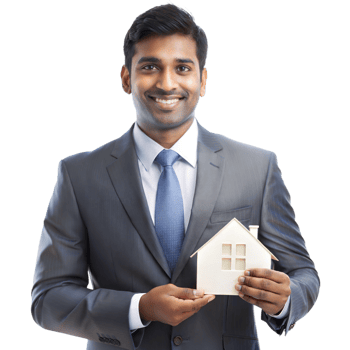 Professional indian real estate agent with house model, isolated on transparent background png