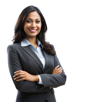 Smiling businesswoman in suit with arms crossed, isolated on transparent background png