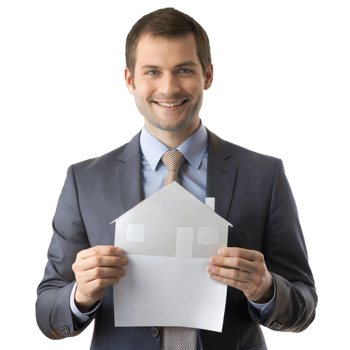 Real estate agent holding paper house cutout, isolated on transparent background png