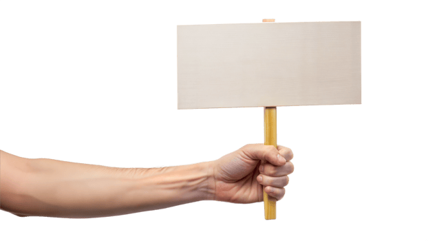 Person holding wooden signboard with empty space isolated transparent png
