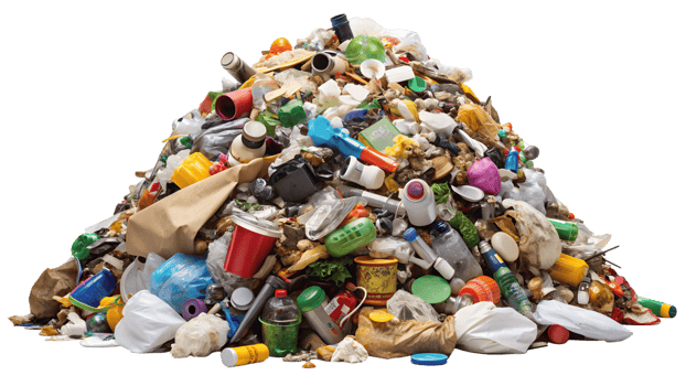 Mixed pile of trash with plastic bottles, cans, and food waste isolated transparent png