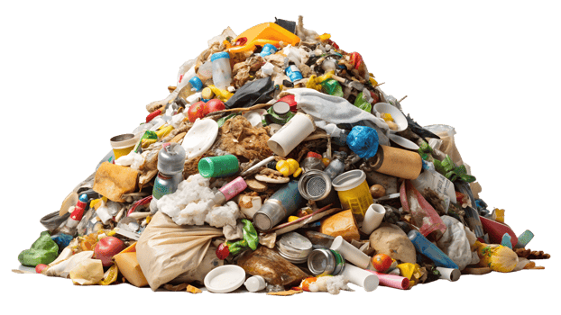Large pile of assorted household waste and garbage items isolated transparent png
