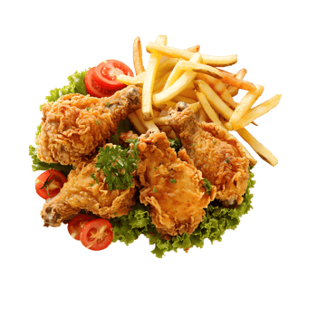 Fried chicken and french fries on a plate png