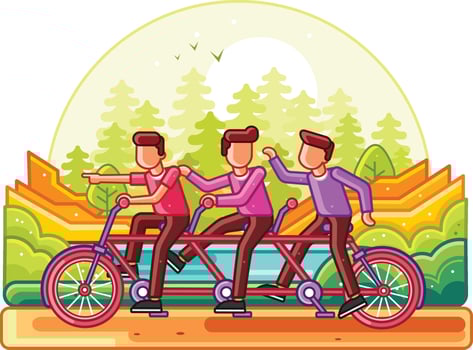 Teamwork Riding Tandem Bicycle Line Illustration vector