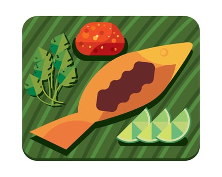 A fish and some vegetables on a green plate vector