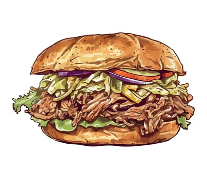 A drawing of a pulled pork sandwich with lettuce and tomatoes vector