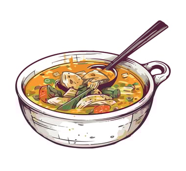 A bowl of soup with chicken and vegetables vector