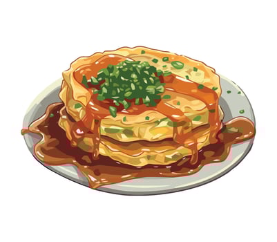 A cartoon illustration of a stack of pancakes with gravy vector