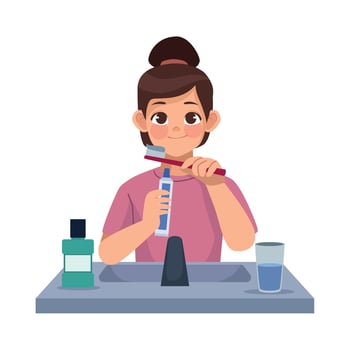 A woman brushing her teeth in the bathroom vector