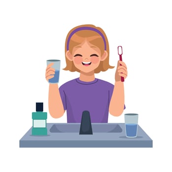 A girl is brushing her teeth in the bathroom vector