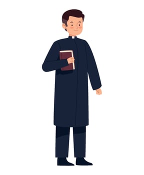 A man in a black coat holding a book vector