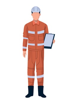 An illustration of a man in an orange work suit holding a tablet vector